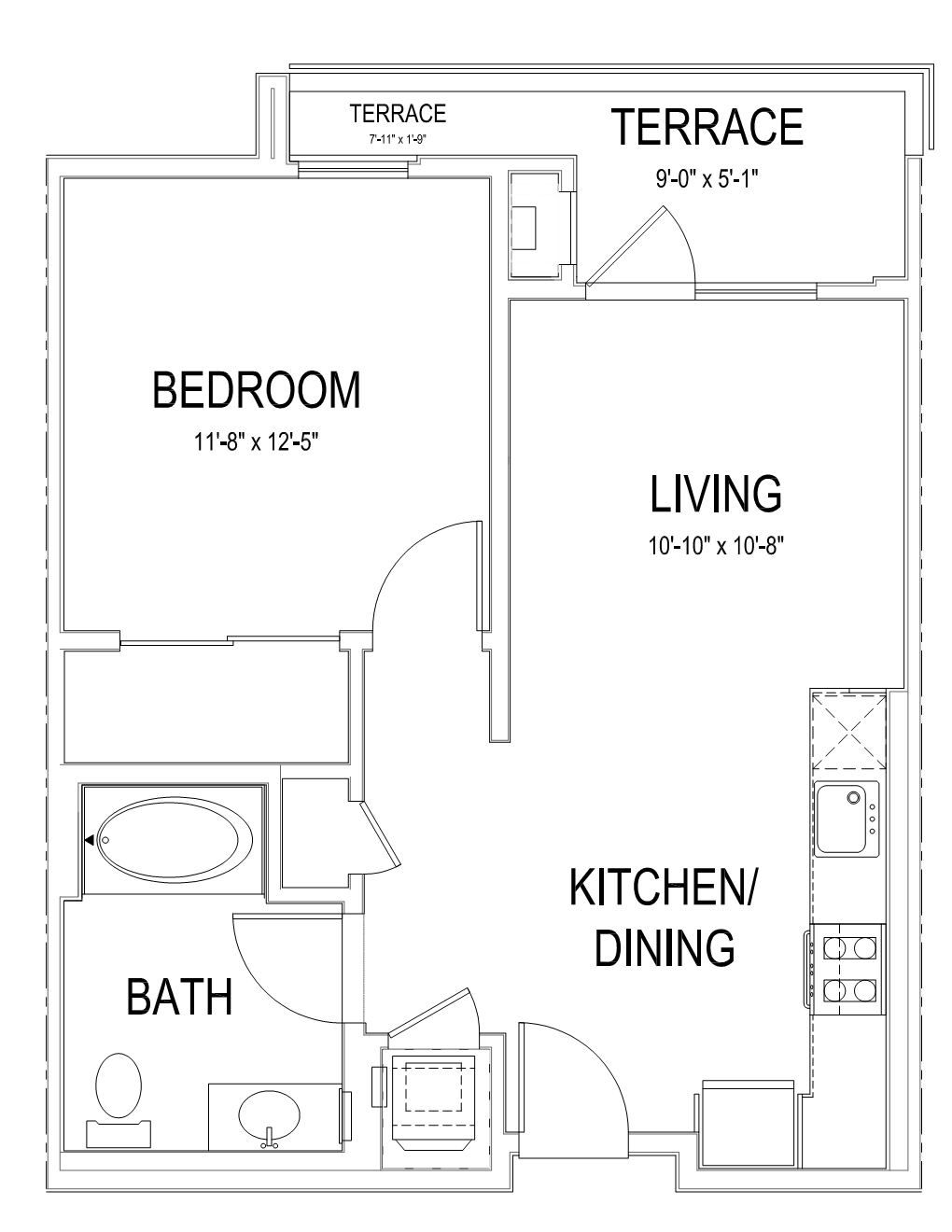 Floor plan for 1 bed, 1 bath, 628 sqft